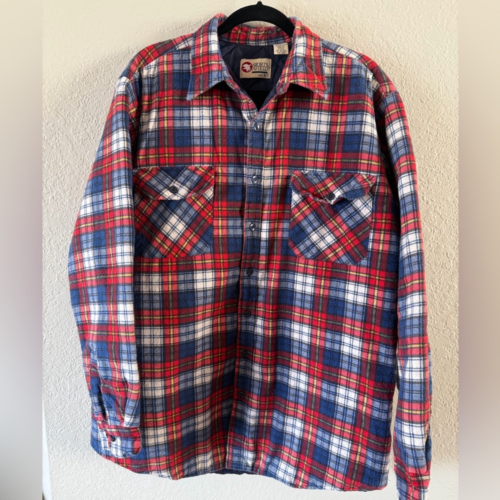 Sports Afield Red White Blue Cotton Flannel Quilt Lined Shirt Jacket Men’s XLT